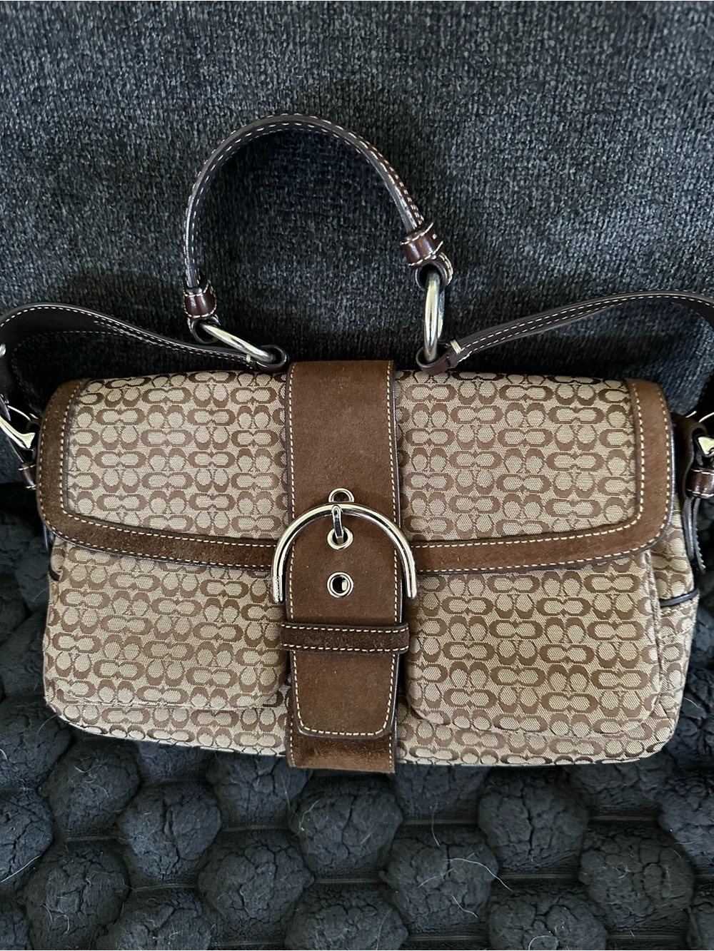 Coach Brown Signature Monogram Buckle Shoulder Bag